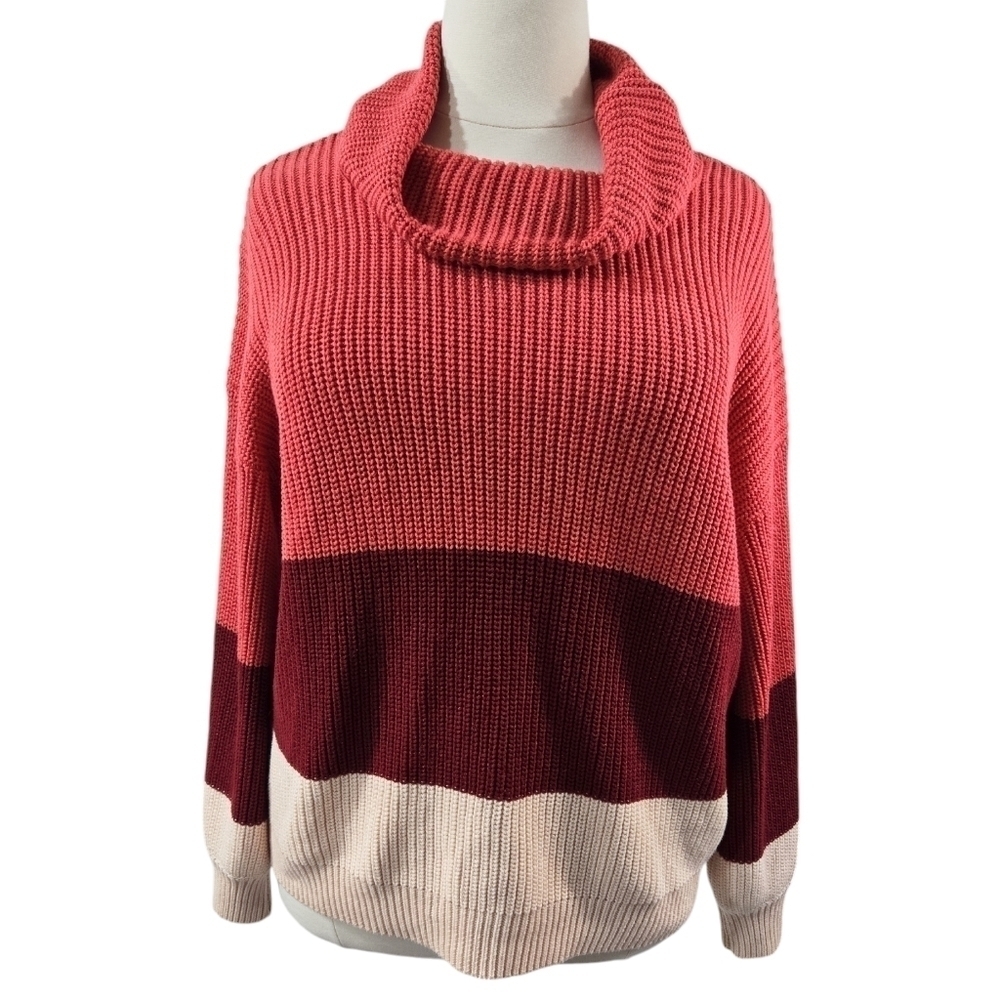 Skies Are Blue Coral Pink Burgundy Cream Colorblock Cowl Neck Sweater Stitch Fix